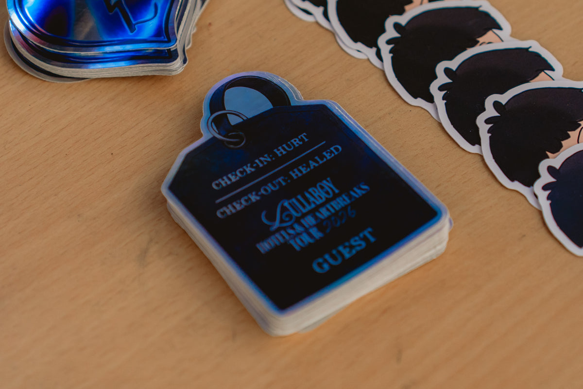 The hotels & heartbreaks luggage tag sticker